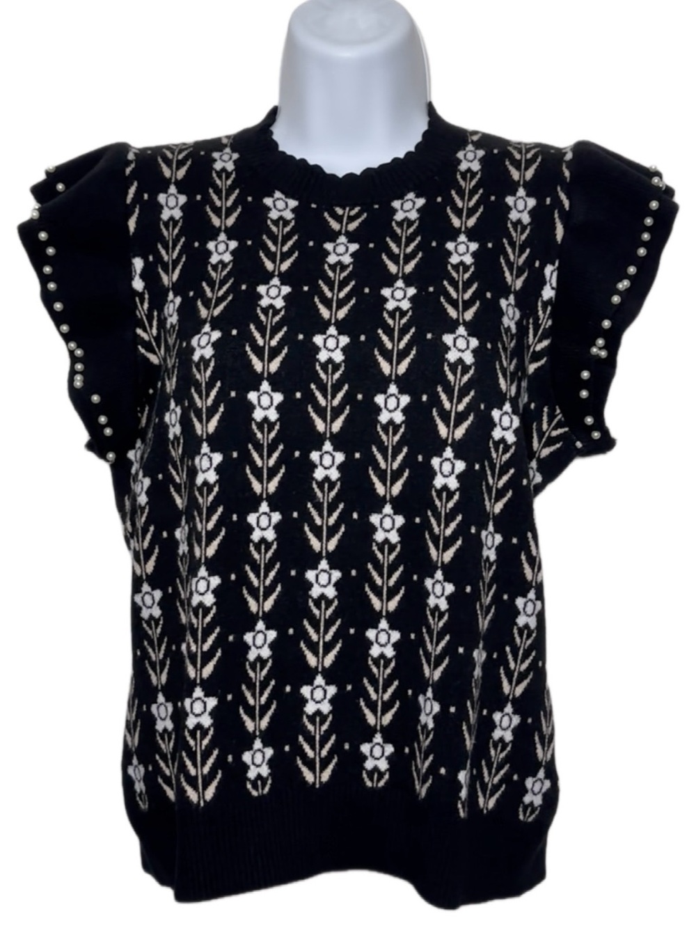 Ontwelfth Black Floral Jacquard Ruffle Sleeve Top For Women
